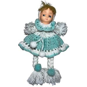 Vintage Handmade Yarn Doll Plastic Face Turquoise Crochet Dress